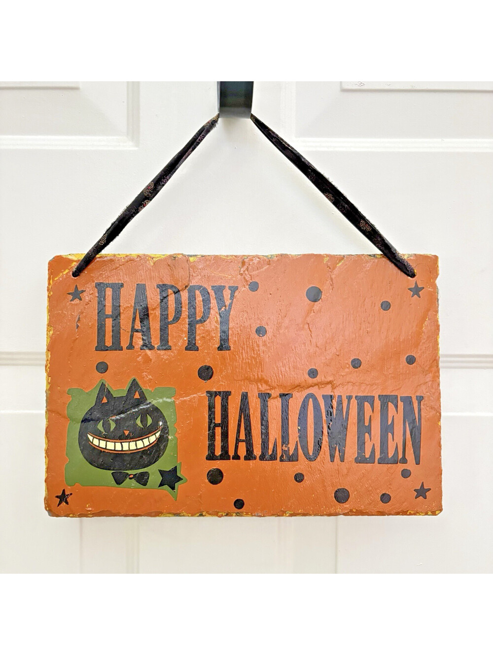 “Happy Halloween” Slate decor sign with Cat 12” x 10”  painted hanging plaque